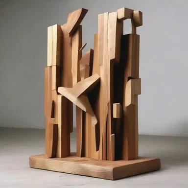 The artist used a maul to split the wooden sculpture into pieces, creating a unique and abstract artwork.
