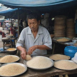 A lonely food stall owner selling rice in a quiet market