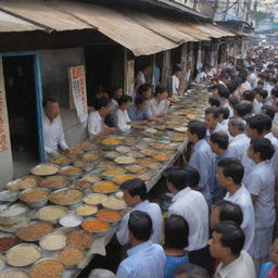 A bustling food stall with people lining up to buy rice