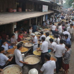 A bustling food stall with people lining up to buy rice