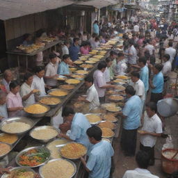 A bustling food stall with people lining up to buy rice