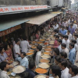 A bustling food stall with people lining up to buy rice