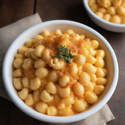 A steaming bowl of macaroni and cheese, pasta shells coated with molten cheddar, sitting on a rustic wooden table.