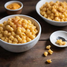 A steaming bowl of macaroni and cheese, pasta shells coated with molten cheddar, sitting on a rustic wooden table.