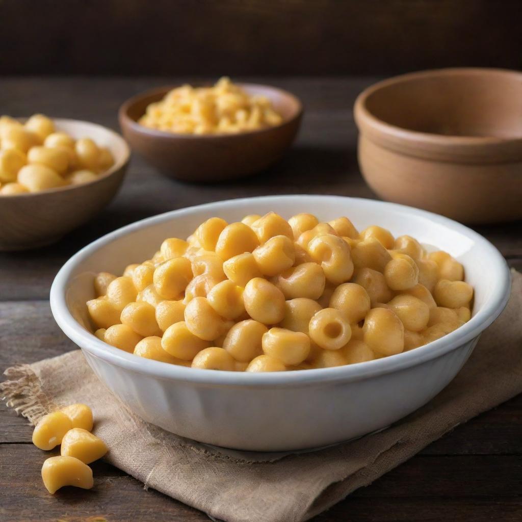 A steaming bowl of macaroni and cheese, pasta shells coated with molten cheddar, sitting on a rustic wooden table.