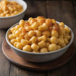 A steaming bowl of macaroni and cheese, pasta shells coated with molten cheddar, sitting on a rustic wooden table.