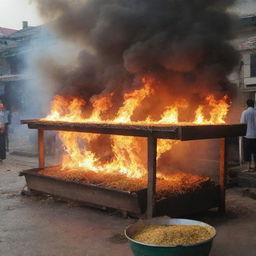 Sudden inferno engulfing all the rice selling stalls with intense heat