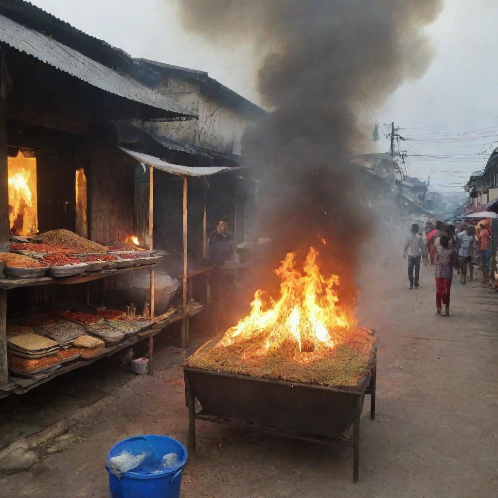 Sudden inferno engulfing all the rice selling stalls with intense heat