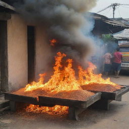 Sudden inferno engulfing all the rice selling stalls with intense heat