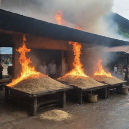 Sudden inferno engulfing all the rice selling stalls with intense heat