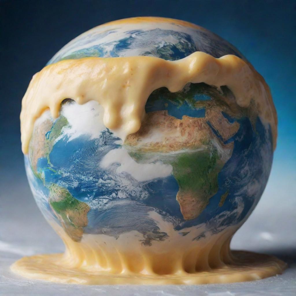 Planet earth completely covered in a thick layer of melting, gooey, delicious cheese from pole to pole