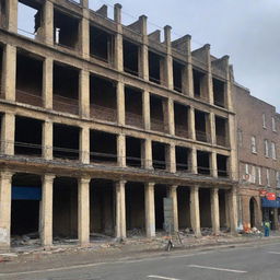 The shops, now under renovation after a fire, with workers and scaffolding evident.