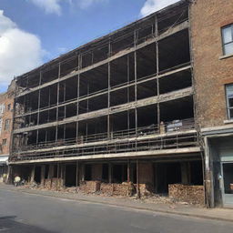 The shops, now under renovation after a fire, with workers and scaffolding evident.