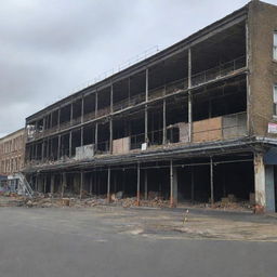 The shops, now under renovation after a fire, with workers and scaffolding evident.