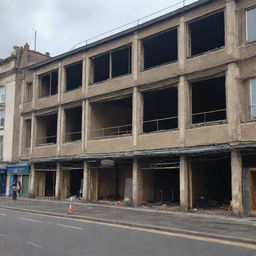 The shops, now under renovation after a fire, with workers and scaffolding evident.