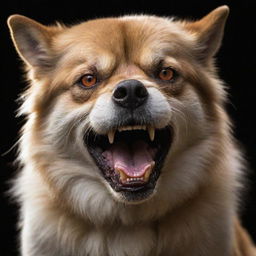 A vivid portrayal of a menacing dog in a defensively angry posture, with fur bristling and teeth bared, eyes glowing with intimidation.