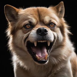 A vivid portrayal of a menacing dog in a defensively angry posture, with fur bristling and teeth bared, eyes glowing with intimidation.