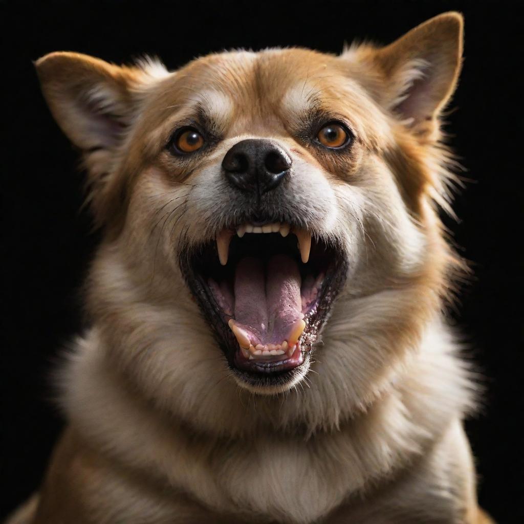 A vivid portrayal of a menacing dog in a defensively angry posture, with fur bristling and teeth bared, eyes glowing with intimidation.