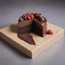 A decadent slice of a fully garnished chocolate cake, elegantly presented in an aesthetically pleasing box