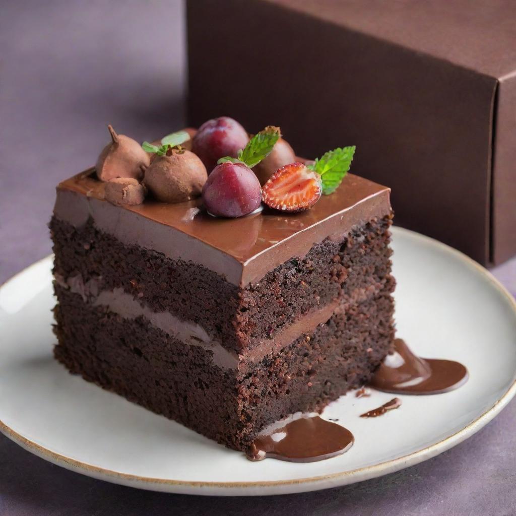 A decadent slice of a fully garnished chocolate cake, elegantly presented in an aesthetically pleasing box