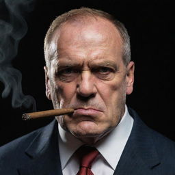 An image of a character looking severe and angry with a smoldering cigar placed assertively between its lips.