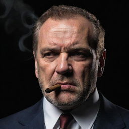 An image of a character looking severe and angry with a smoldering cigar placed assertively between its lips.