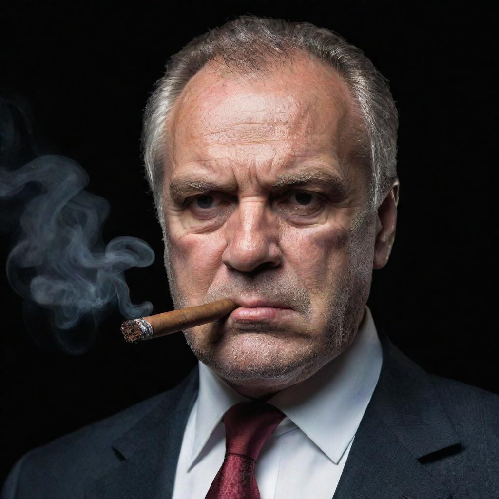 An image of a character looking severe and angry with a smoldering cigar placed assertively between its lips.