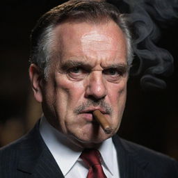 An image of a character looking severe and angry with a smoldering cigar placed assertively between its lips.