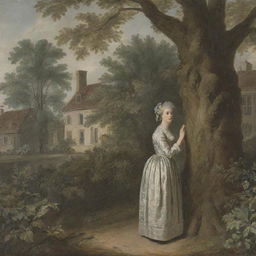 In the context of the 18th century, a woman covertly hidden within the foliage of a tree, clandestinely observing a house situated far in the distance