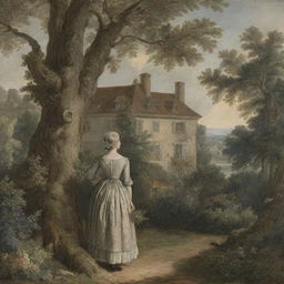 In the context of the 18th century, a woman covertly hidden within the foliage of a tree, clandestinely observing a house situated far in the distance