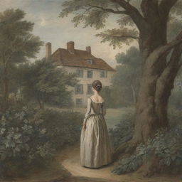 In the context of the 18th century, a woman covertly hidden within the foliage of a tree, clandestinely observing a house situated far in the distance