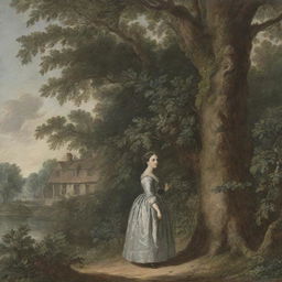 In the context of the 18th century, a woman covertly hidden within the foliage of a tree, clandestinely observing a house situated far in the distance