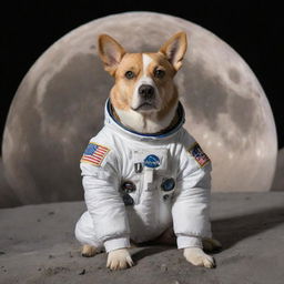 A lovable dog wearing a detailed astronaut suit sitting on the moon, with Earth in the distant background.