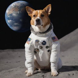 A lovable dog wearing a detailed astronaut suit sitting on the moon, with Earth in the distant background.