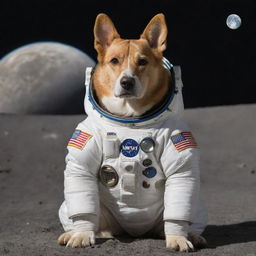 A lovable dog wearing a detailed astronaut suit sitting on the moon, with Earth in the distant background.