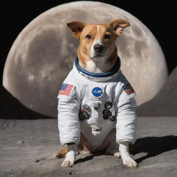 A lovable dog wearing a detailed astronaut suit sitting on the moon, with Earth in the distant background.