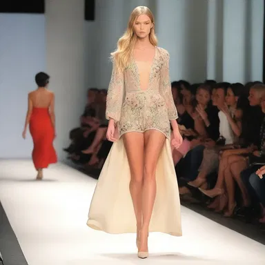 The fashion show featured a model strutting down the runway wearing a stylish semi with a glamorous design.