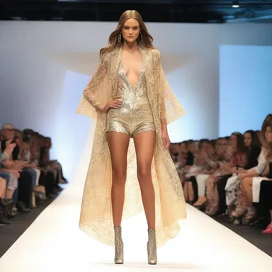 The fashion show featured a model strutting down the runway wearing a stylish semi with a glamorous design.