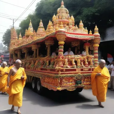 The religious festival included a procession of decorated semis carrying statues of deities.