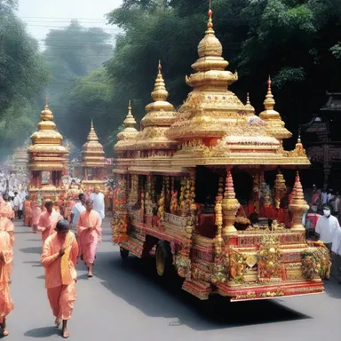 The religious festival included a procession of decorated semis carrying statues of deities.