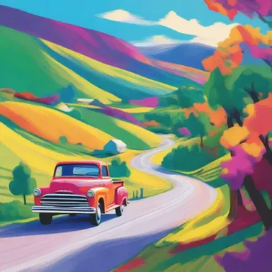 The artist used vibrant colors to depict a semi driving through a scenic countryside.