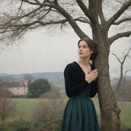 In a classical era setting, a woman is subtly secreted among the branches of a tree, her attention fixated on a house in the distance as she maintains a stealthy watch