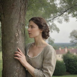 In a classical era setting, a woman is subtly secreted among the branches of a tree, her attention fixated on a house in the distance as she maintains a stealthy watch