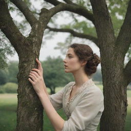 In a classical era setting, a woman is subtly secreted among the branches of a tree, her attention fixated on a house in the distance as she maintains a stealthy watch