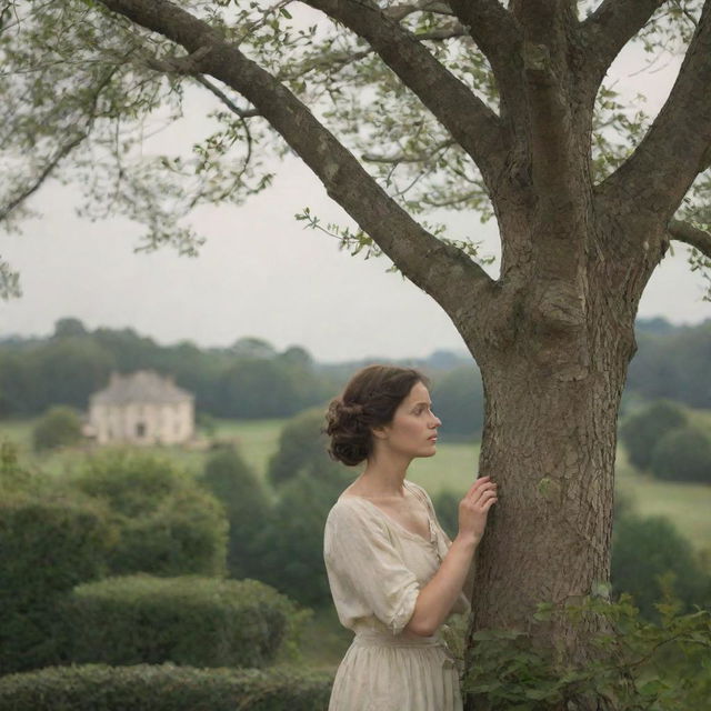 In a classical era setting, a woman is subtly secreted among the branches of a tree, her attention fixated on a house in the distance as she maintains a stealthy watch