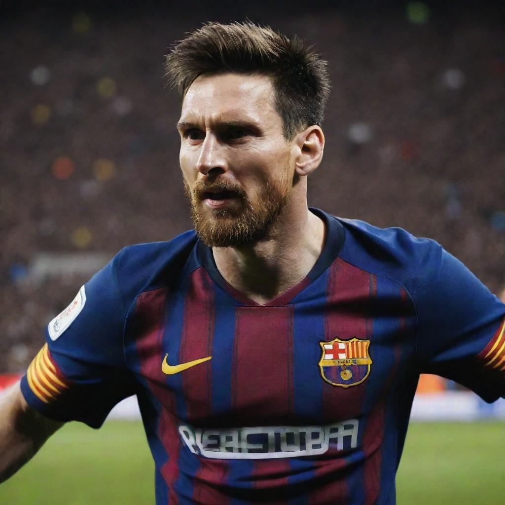 Create a vivid image of Lionel Messi in action, playing football in a bustling stadium, wearing his signature Barcelona kit.