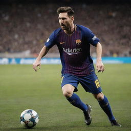 Create a vivid image of Lionel Messi in action, playing football in a bustling stadium, wearing his signature Barcelona kit.