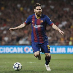 Create a vivid image of Lionel Messi in action, playing football in a bustling stadium, wearing his signature Barcelona kit.