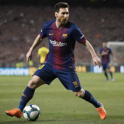 Create a vivid image of Lionel Messi in action, playing football in a bustling stadium, wearing his signature Barcelona kit.