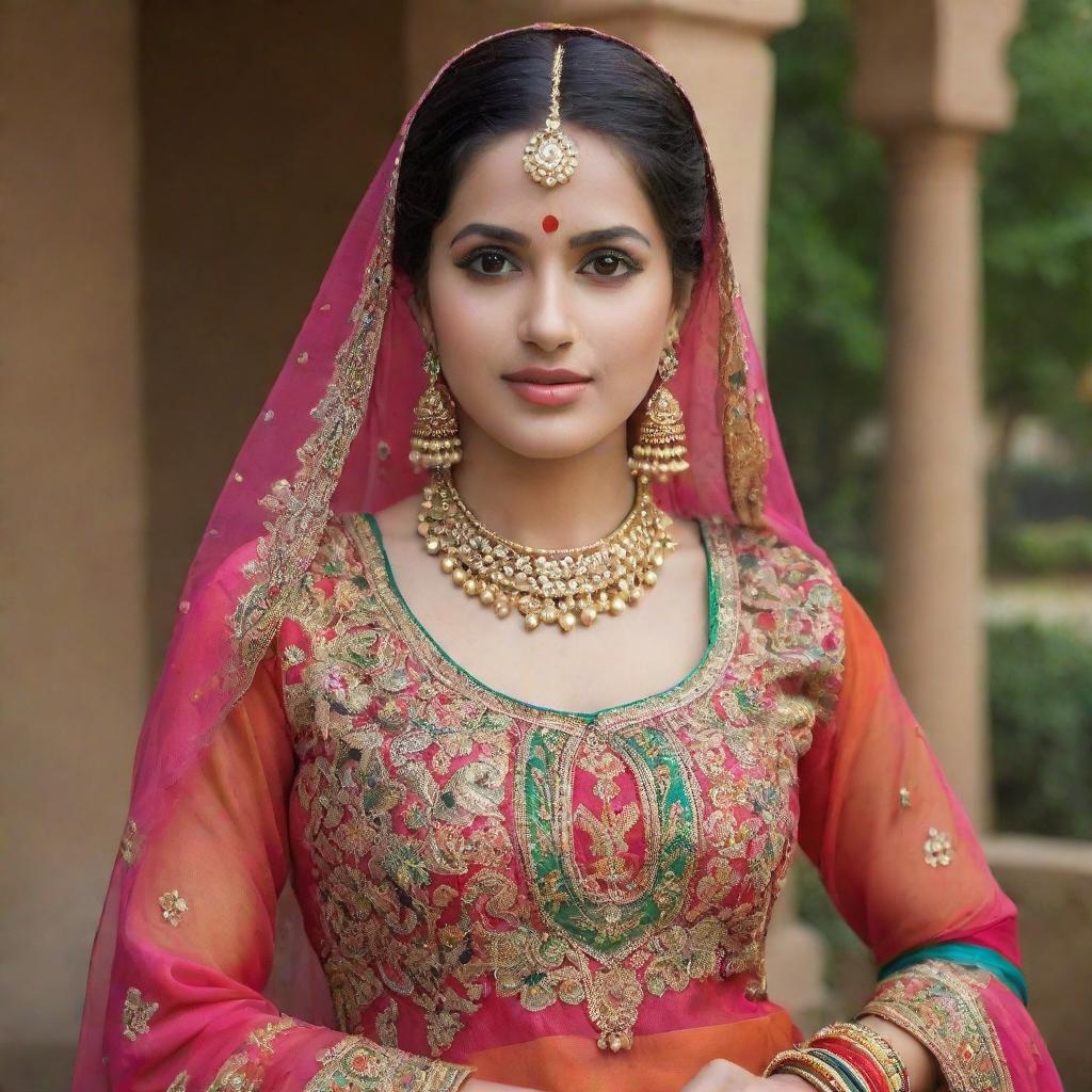 A graceful Punjabi girl adorned in a traditional suit, with bright colors and intricate embroidery, captured in a serene setting.